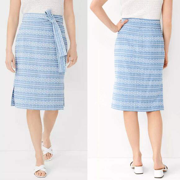 Ann Taylor Dresses & Skirts - Ann Taylor Embroidered Chambray Tie Waist Pencil Skirt Eyelet Women 8 Side Slits